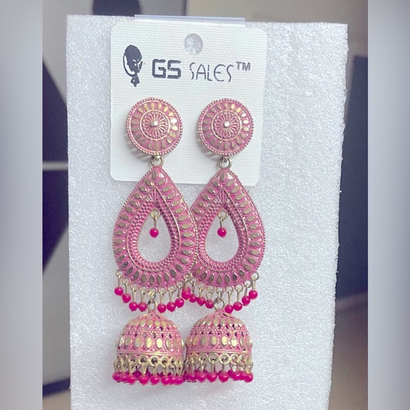 Beautiful long dome shaped pink colour lightweight metal jhumka earrings - Picture 4 of 6